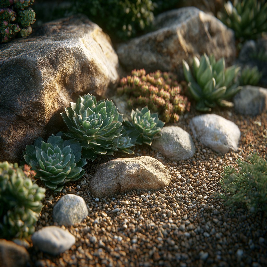 Paillage minéral en gravier autour de plantes résistantes