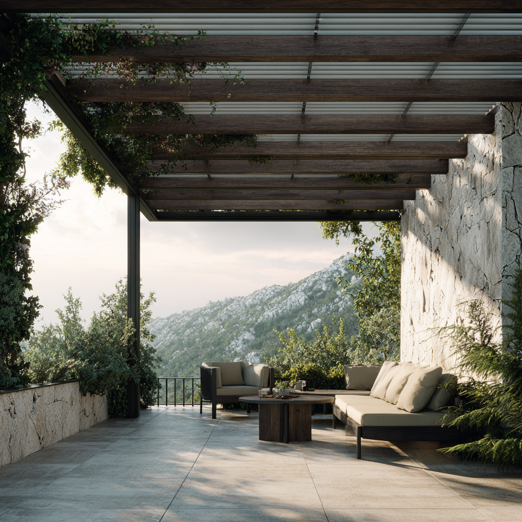 Pergola contemporaine en matériaux durables intégrée à un aménagement extérieur moderne
