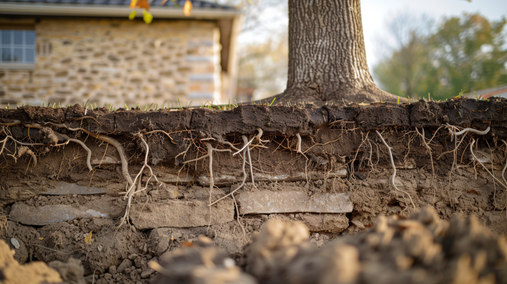 Racines d’arbres se développant près des fondations d’une maison et présentant des risques structurels