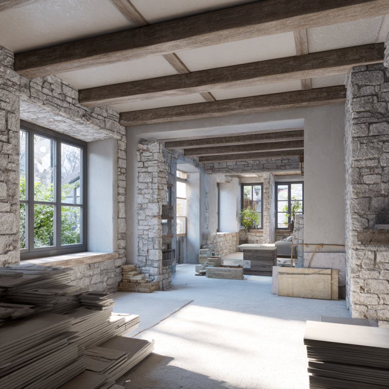 Intérieur d’une maison ancienne en cours de rénovation montrant les travaux structurels et l’estimation du budget global