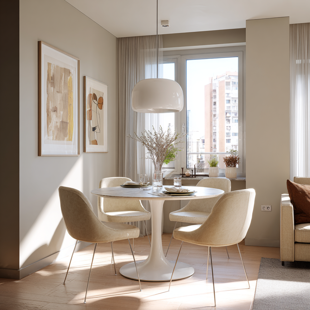 Table à manger design pour petit espace intérieur, format compact facilitant la circulation et l’optimisation de l’espace