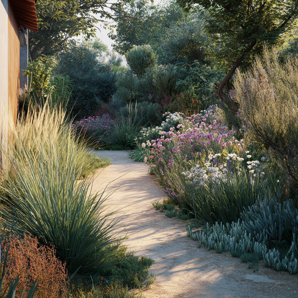 Jardin durable avec plantes locales, paillage et aménagement favorisant la biodiversité