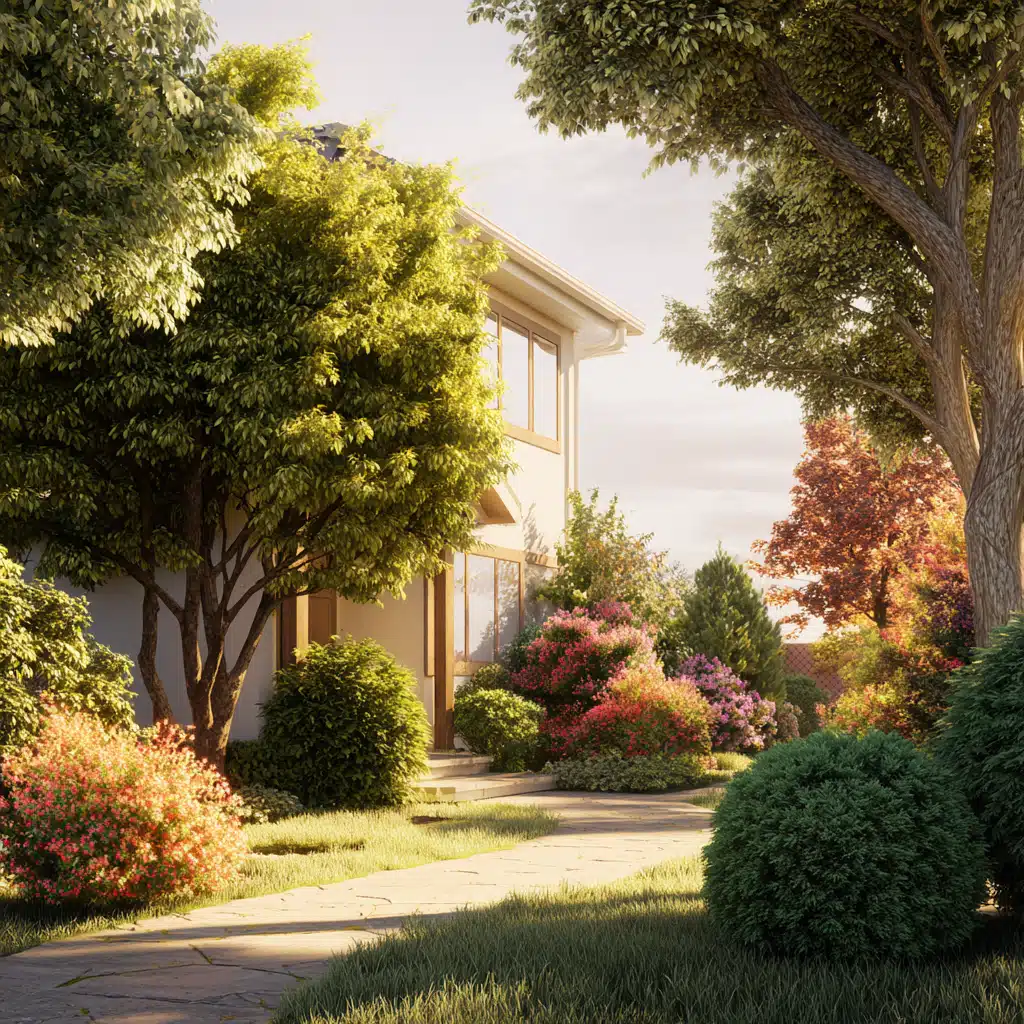 Jardin de maison avec arbres adaptés et distances de plantation