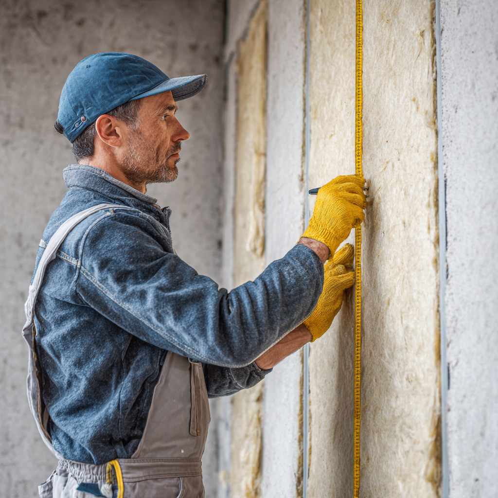 Technicien mesurant un mur pour isolation