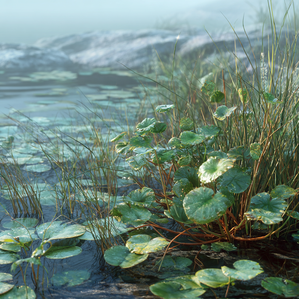 Plantes aquatiques invasives au bord d'un plan d'eau