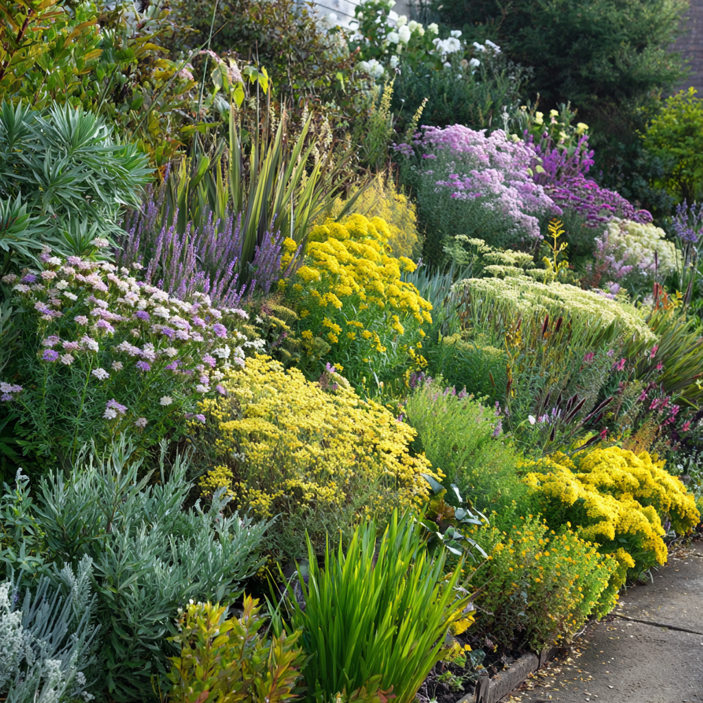 Variété de plantes locales et arbustes dans un massif sain