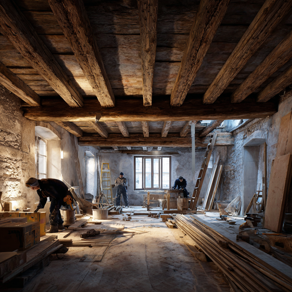 Intérieur d'une maison ancienne en rénovation avec mesures