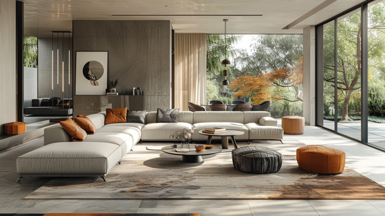 Canapé design moderne dans un salon contemporain avec lumière naturelle et décoration élégante