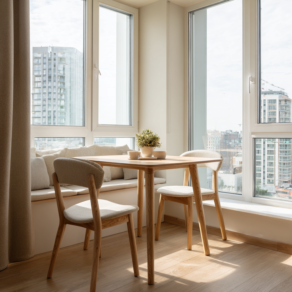 Chaises de repas légères et sans accoudoirs dans un petit espace intérieur, optimisant la circulation et le confort autour d’une table compacte.