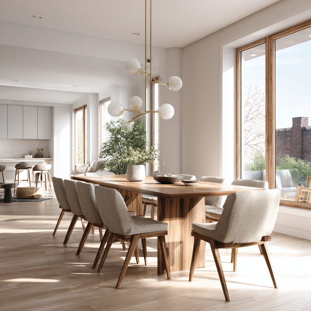 Chaises de repas design autour d’une table à manger dans un intérieur contemporain lumineux
