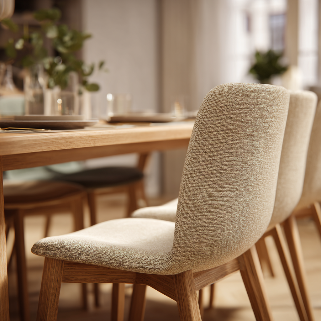 Chaises de repas ergonomiques autour d’une table à manger, avec hauteur d’assise adaptée, dossier incliné et matériaux confortables pour un usage quotidien.