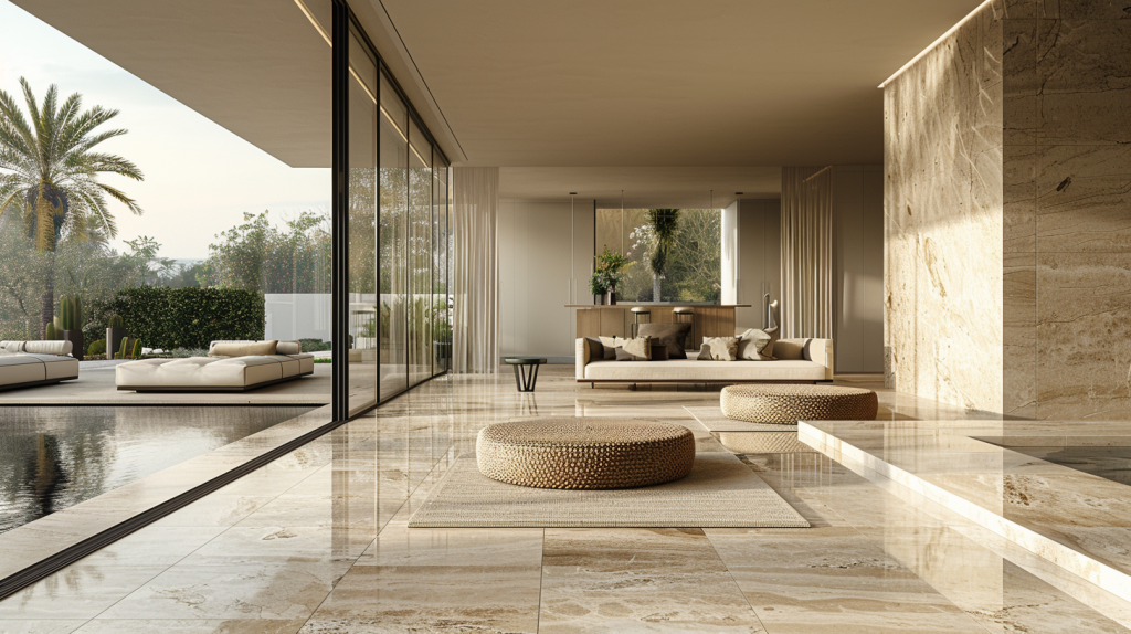 Salon moderne en travertin avec ouverture sur terrasse en pierre naturelle et piscine élégante