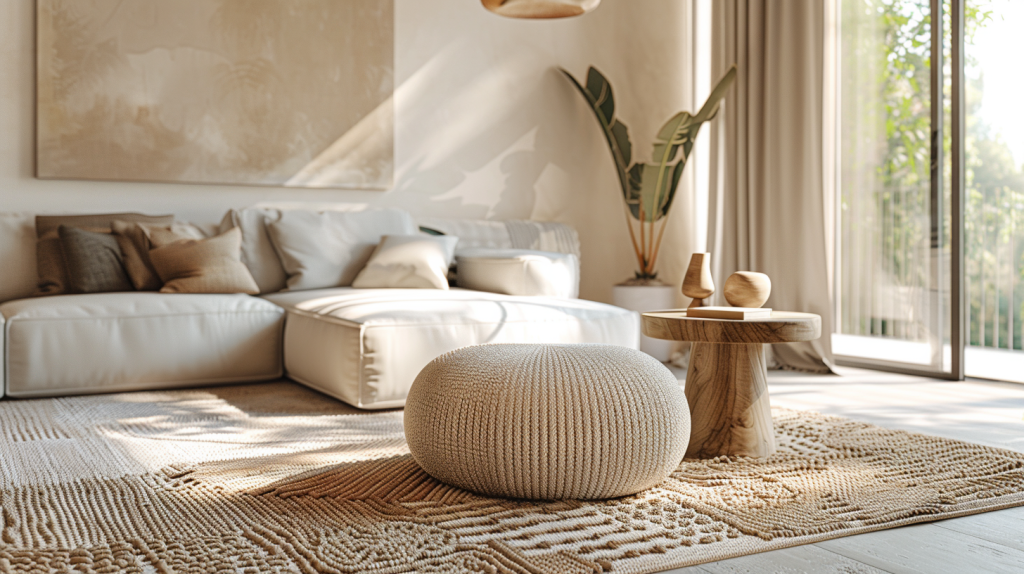 Pouf intérieur design en tissu texturé dans un salon moderne lumineux avec décoration minimaliste