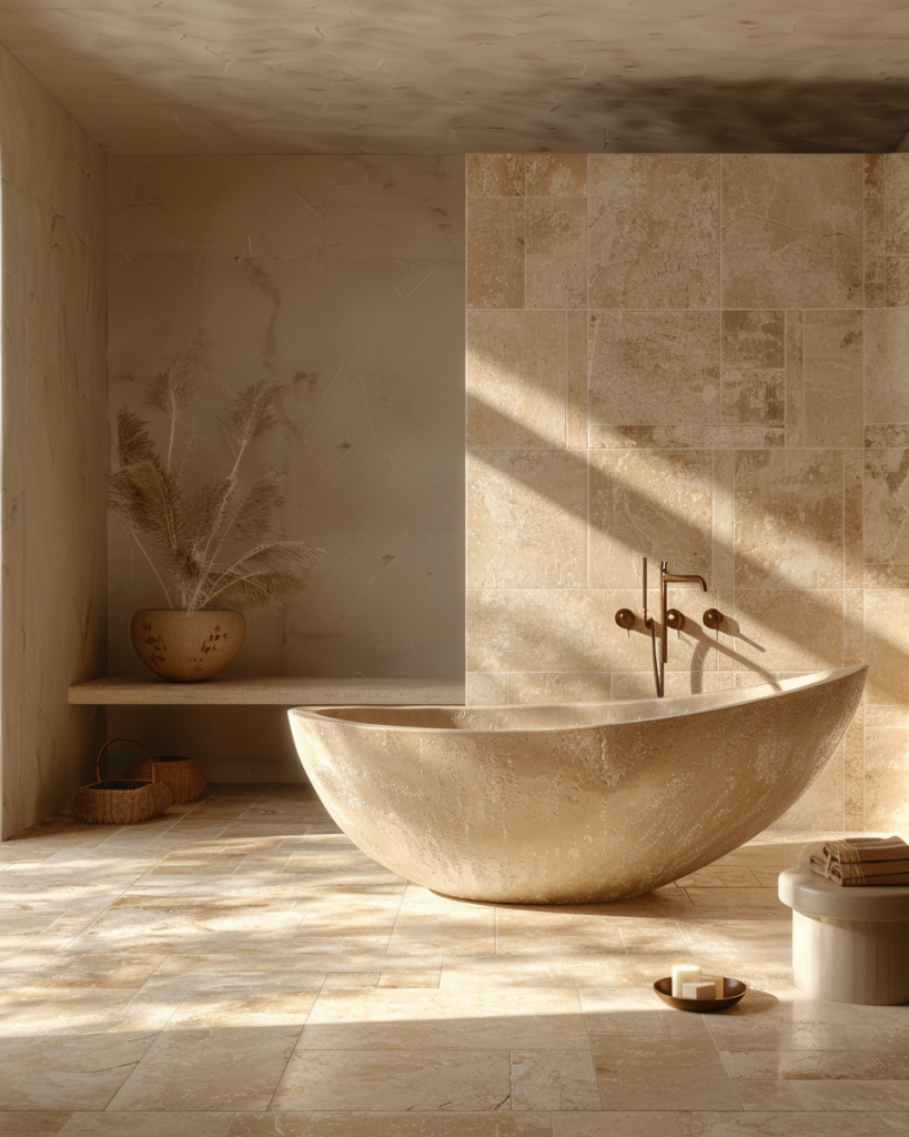 Salle de bain élégante en pierre naturelle travertin avec zelliges artisanaux et robinetterie dorée