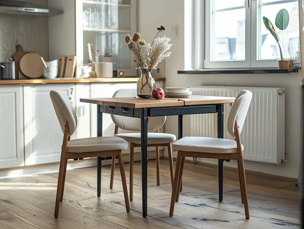 Table extensible gain de place en bois clair ouverte dans un petit appartement moderne