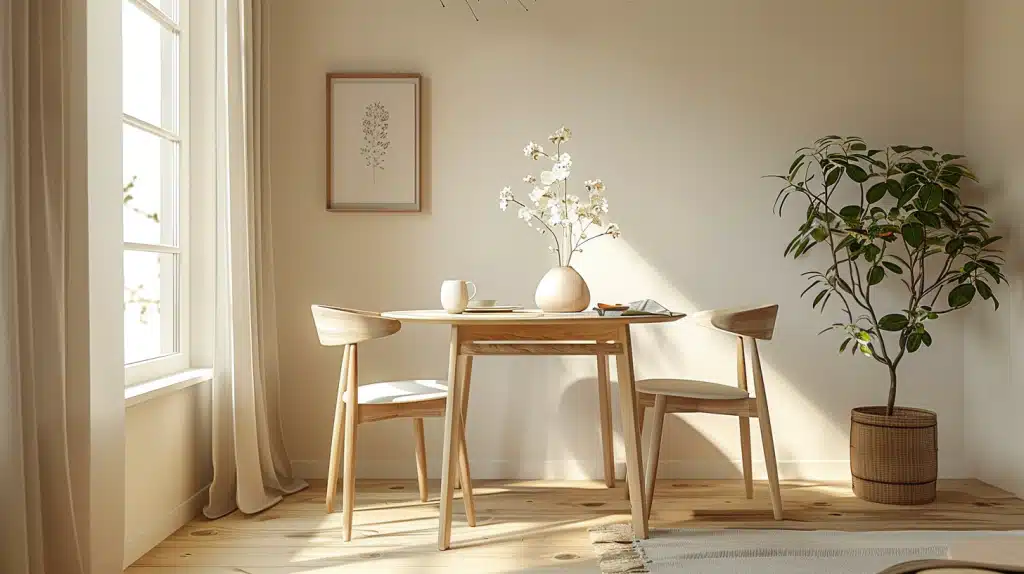 Table gain de place extensible en bois clair dans un petit appartement moderne optimisant l’espace repas