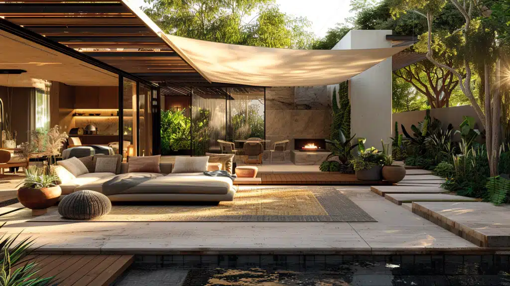 Terrasse design avec coin ombragé élégant et mobilier extérieur moderne au coucher de soleil