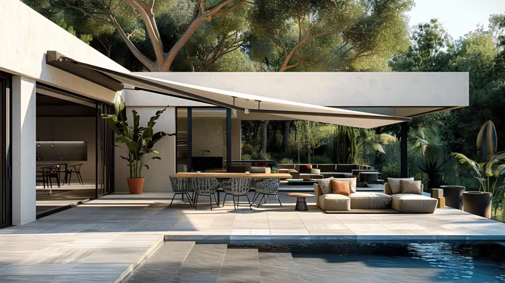 Parasol déporté installé sur une terrasse avec table extérieure et zone ombragée confortable