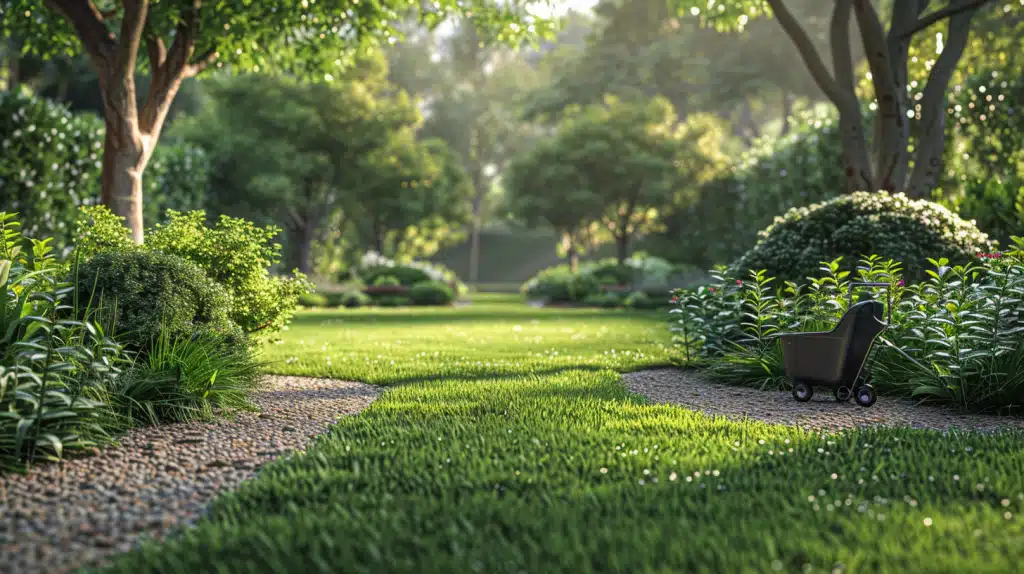 Jardin parfaitement entretenu avec outils espaces verts adaptés pour la tonte, la taille et l'aménagement extérieur