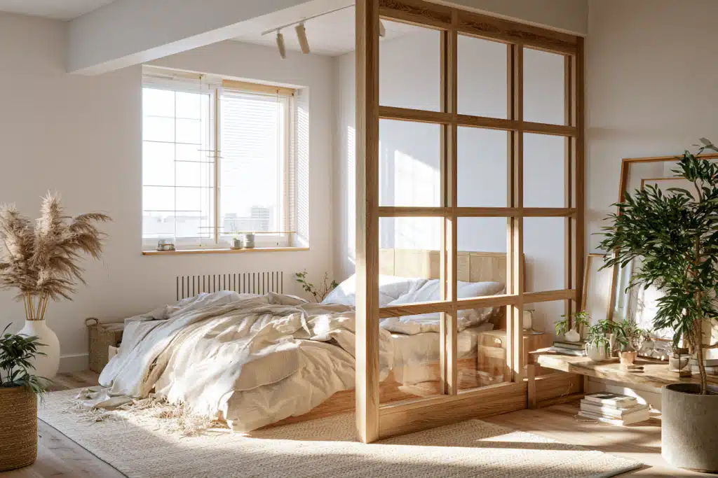 Verrière intérieure en bois clair dans une chambre au style scandinave