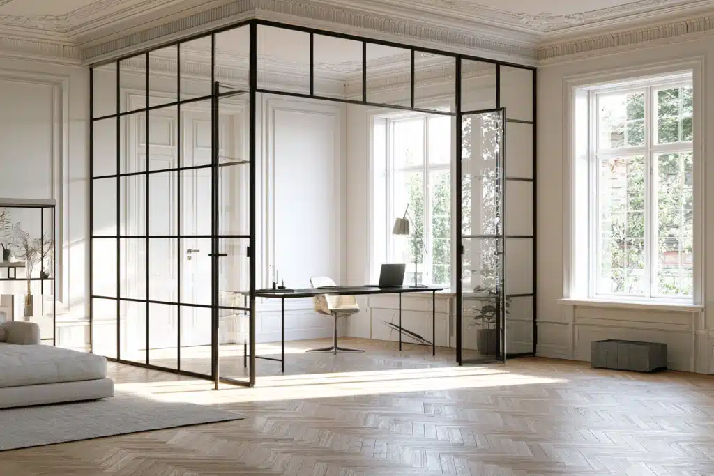 Verrière intérieure toute hauteur délimitant un bureau à domicile lumineux